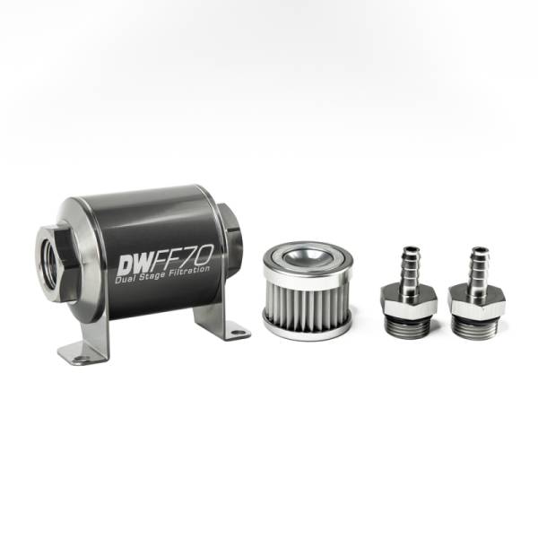 DeatschWerks - DeatschWerks Stainless Steel 5/16in 5 Micron Universal Inline Fuel Filter Housing Kit (70mm) - 8-03-070-005K-516