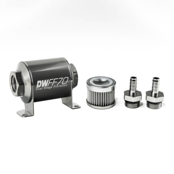 DeatschWerks - DeatschWerks Stainless Steel 3/8in 10 Micron Universal Inline Fuel Filter Housing Kit (70mm) - 8-03-070-010K-38