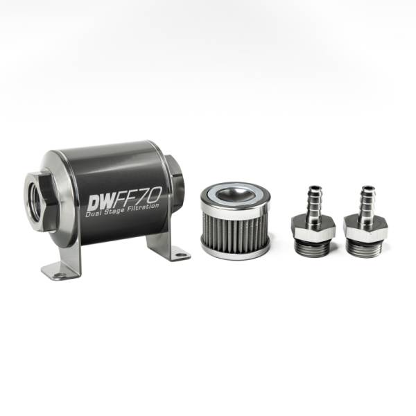 DeatschWerks - DeatschWerks Stainless Steel 5/16in 40 Micron Universal Inline Fuel Filter Housing Kit (70mm) - 8-03-070-040K-516