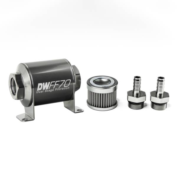 DeatschWerks - DeatschWerks Stainless Steel 3/8in 100 Micron Universal Inline Fuel Filter Housing Kit (70mm) - 8-03-070-100K-38