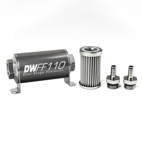 DeatschWerks - DeatschWerks Stainless Steel 3/8in 5 Micron Universal Inline Fuel Filter Housing Kit (110mm) - 8-03-110-005K-38