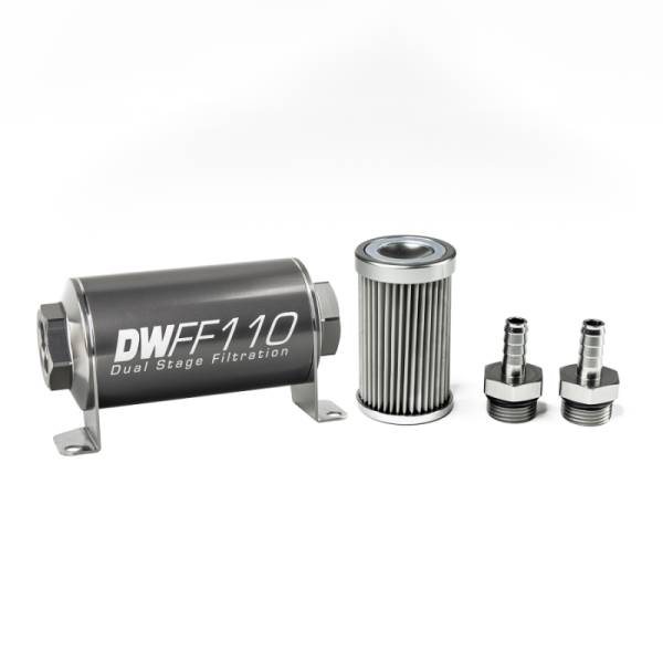 DeatschWerks - DeatschWerks Stainless Steel 3/8in 10 Micron Universal Inline Fuel Filter Housing Kit (110mm) - 8-03-110-010K-38