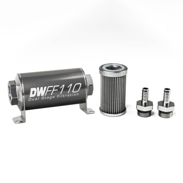 DeatschWerks - DeatschWerks Stainless Steel 3/8in 40 Micron Universal Inline Fuel Filter Housing Kit (110mm) - 8-03-110-040K-38