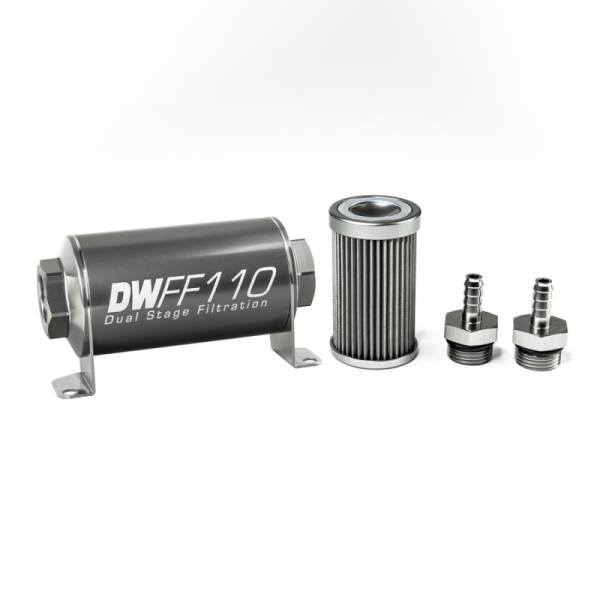 DeatschWerks - DeatschWerks Stainless Steel 5/16in 40 Micron Universal Inline Fuel Filter Housing Kit (110mm) - 8-03-110-040K-516