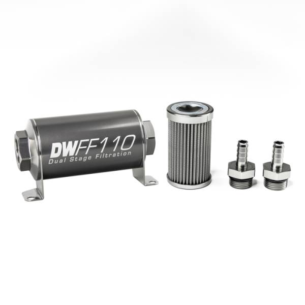 DeatschWerks - DeatschWerks Stainless Steel 3/8in 100 Micron Universal Inline Fuel Filter Housing Kit (110mm) - 8-03-110-100K-38