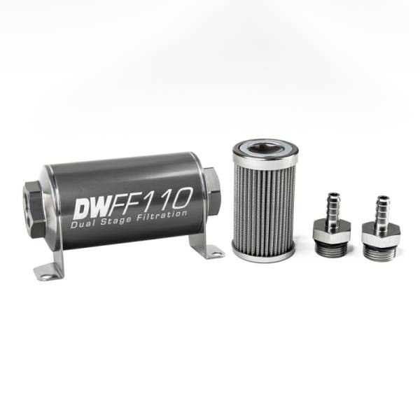 DeatschWerks - DeatschWerks Stainless Steel 5/16in 100 Micron Universal Inline Fuel Filter Housing Kit (110mm) - 8-03-110-100K-516
