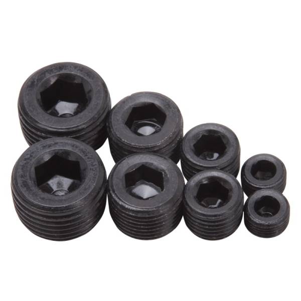 Edelbrock - Edelbrock Fittings Pipe Plug Kit Internal Allen Head 1/8In 1/4In 3/8In 1/2In NPT Set of 8 Black - 8051