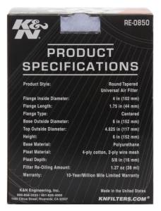 K&N Engineering - K&N Engineering Universal Air Filter (4in. Flange / 6in. Base OD / 4-5/8in. Top OD / 6in. Height) - RE-0850 - Image 15