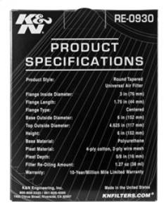 K&N Engineering - K&N Engineering Universal Rubber Filter - Round Tapered 6in Base OD x 3in Flange ID x 6in H - RE-0930 - Image 11