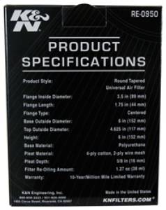 K&N Engineering - K&N Engineering Universal Rubber Filter 3 1/2inch ID FLG / 6inch Base / 4-5/8inch Top / 6inch Height - RE-0950 - Image 12