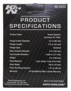 K&N Engineering - K&N Engineering Universal Rubber Filter 3 1/2inch ID FLG / 6inch Base / 4-5/8inch Top / 6inch Height - RE-0950 - Image 19