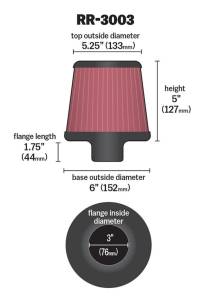 K&N Engineering - K&N Engineering Universal Filter 3 inch Flange 6 inch Base 5 1/4 inch Top 5 inch Height w/ Polished Top - RR-3003 - Image 3