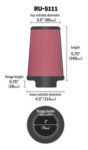 K&N Engineering - K&N Engineering Filter Universal Rubber Filter 3 Flange 4 1/2 Base inch 3 1/2 inch Top 5 3/4 inch Height - RU-5111 - Image 5