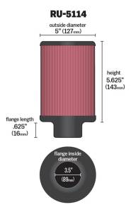 K&N Engineering - K&N Engineering Filter Universal Rubber Filter 3.5in Flange ID x 5in OD x 5.625in H - RU-5114 - Image 3